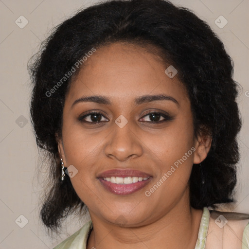 Joyful black young-adult female with medium  brown hair and brown eyes