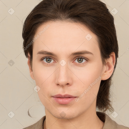 Neutral white young-adult female with short  brown hair and brown eyes