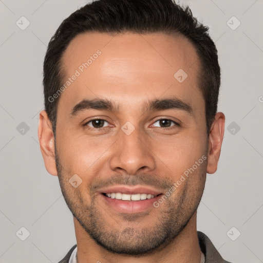 Joyful white young-adult male with short  brown hair and brown eyes