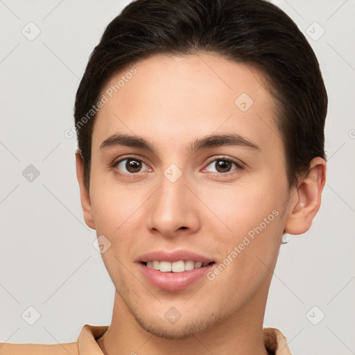 Joyful white young-adult female with short  brown hair and brown eyes