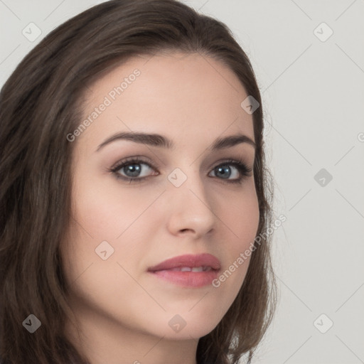 Neutral white young-adult female with long  brown hair and brown eyes