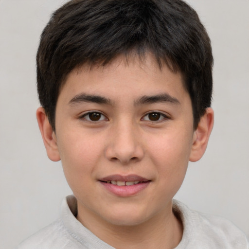 Joyful asian child male with short  brown hair and brown eyes