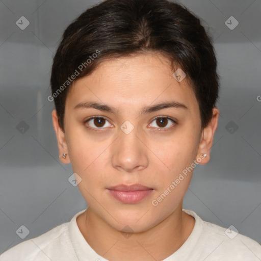 Neutral white young-adult female with short  brown hair and brown eyes