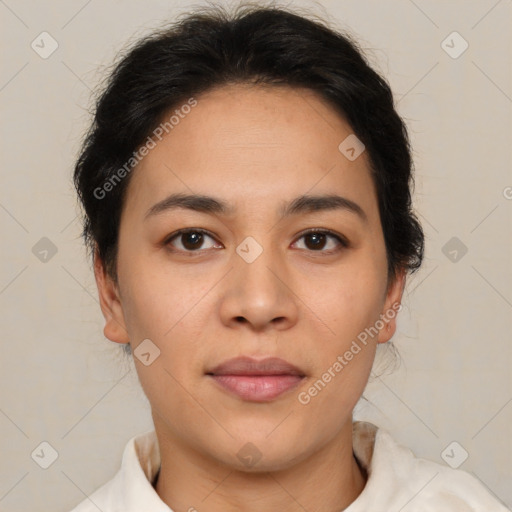 Joyful latino young-adult female with short  brown hair and brown eyes