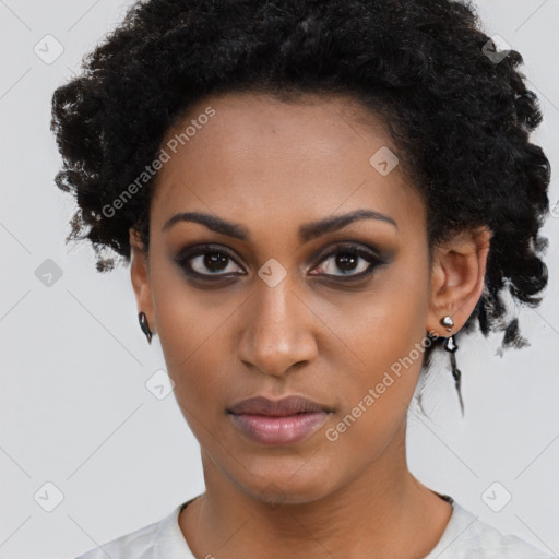 Neutral black young-adult female with short  black hair and brown eyes