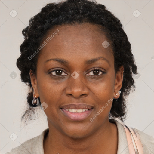 Joyful black young-adult female with medium  black hair and brown eyes