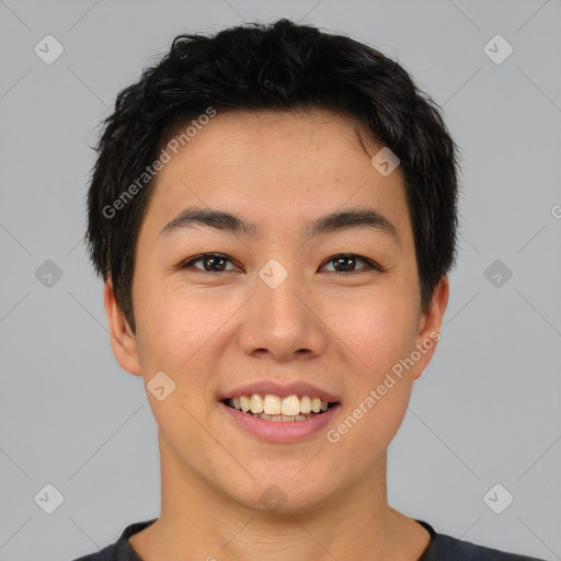 Joyful asian young-adult female with short  brown hair and brown eyes