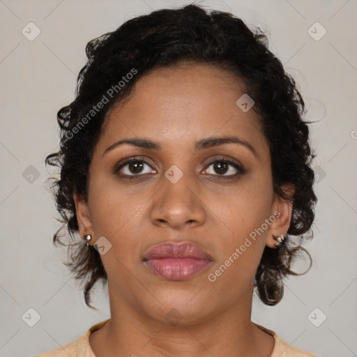 Neutral black young-adult female with medium  brown hair and brown eyes