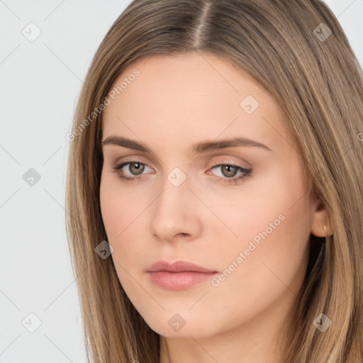 Neutral white young-adult female with long  brown hair and brown eyes