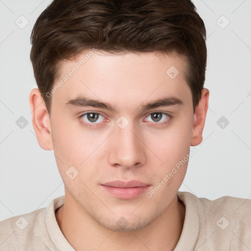 Neutral white young-adult male with short  brown hair and brown eyes