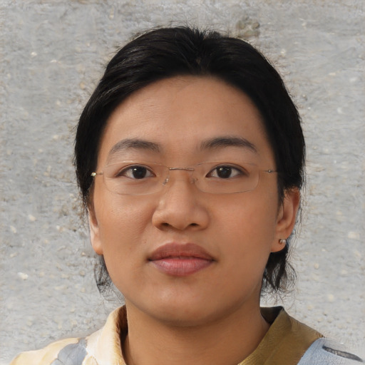 Neutral asian young-adult female with short  black hair and brown eyes