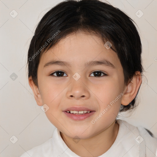 Joyful white child female with medium  brown hair and brown eyes