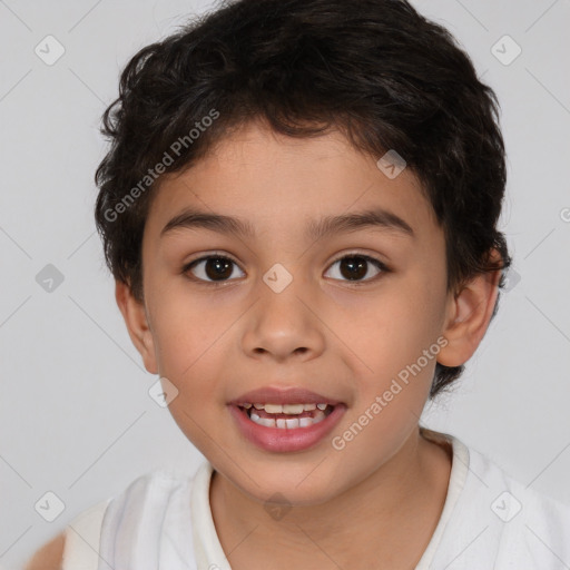 Joyful white child female with short  brown hair and brown eyes