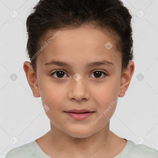 Joyful white child female with short  brown hair and brown eyes