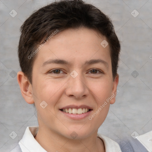 Joyful white young-adult female with short  brown hair and brown eyes