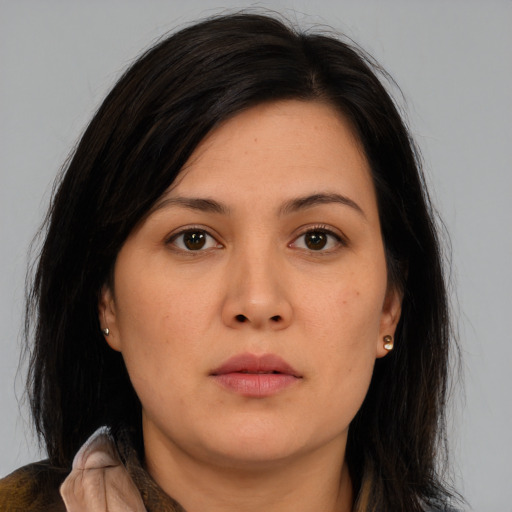 Neutral asian young-adult female with long  brown hair and brown eyes