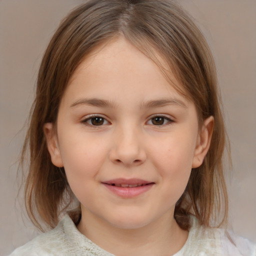 Joyful white child female with medium  brown hair and brown eyes