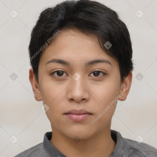 Neutral asian young-adult female with short  brown hair and brown eyes