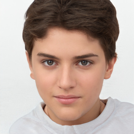 Neutral white young-adult female with short  brown hair and brown eyes