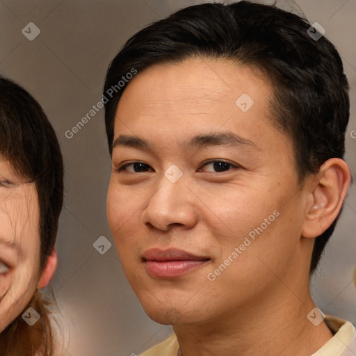 Joyful white adult female with short  brown hair and brown eyes