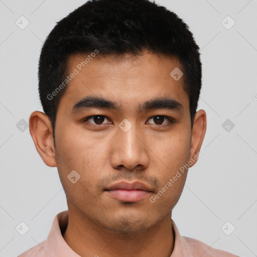 Neutral asian young-adult male with short  black hair and brown eyes