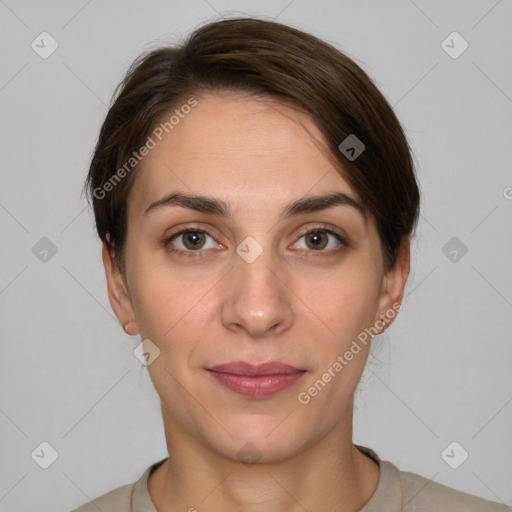 Joyful white young-adult female with short  brown hair and grey eyes