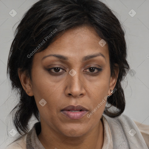 Joyful black adult female with medium  brown hair and brown eyes