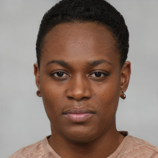 Neutral black young-adult female with short  black hair and brown eyes