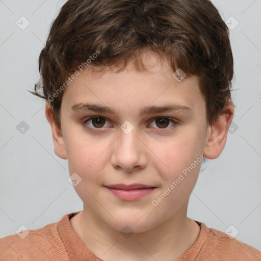 Joyful white child male with short  brown hair and brown eyes