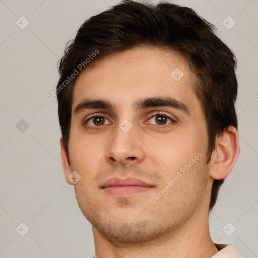 Neutral white young-adult male with short  brown hair and brown eyes