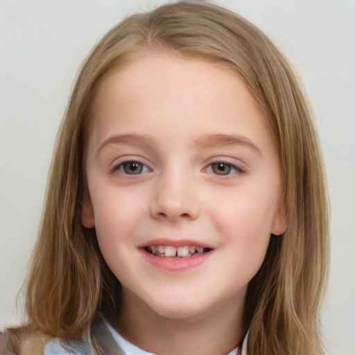 Joyful white child female with medium  brown hair and blue eyes