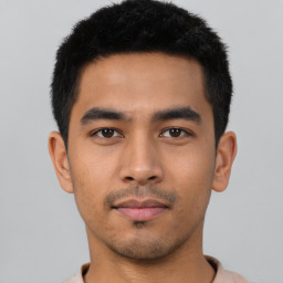 Neutral asian young-adult male with short  black hair and brown eyes