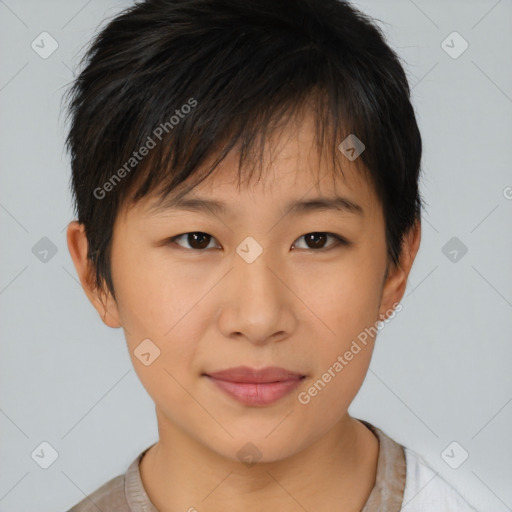 Joyful asian young-adult female with short  brown hair and brown eyes