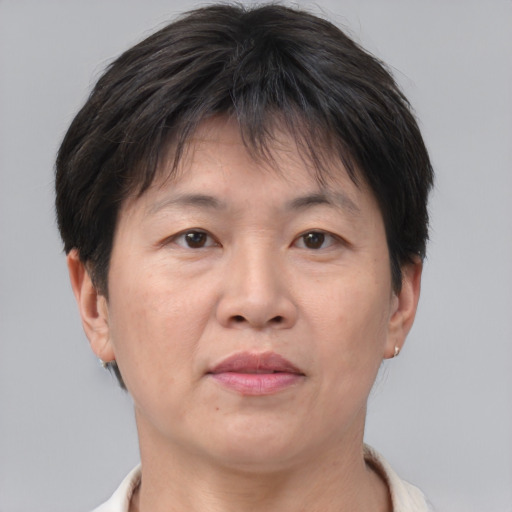 Neutral asian adult female with short  brown hair and brown eyes