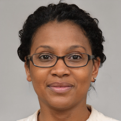 Joyful black adult female with short  brown hair and brown eyes