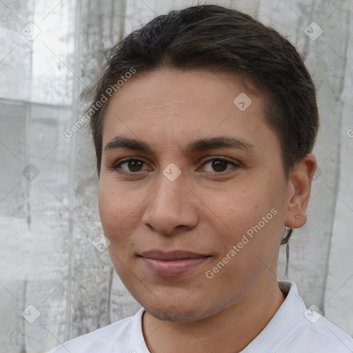 Joyful white young-adult female with short  brown hair and brown eyes