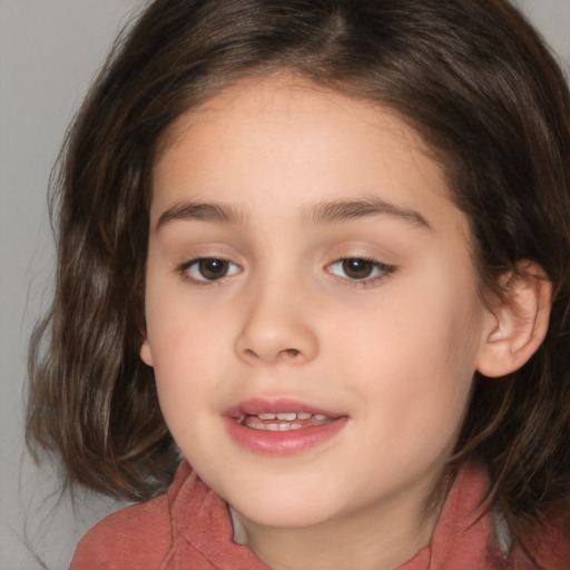 Joyful white child female with medium  brown hair and brown eyes