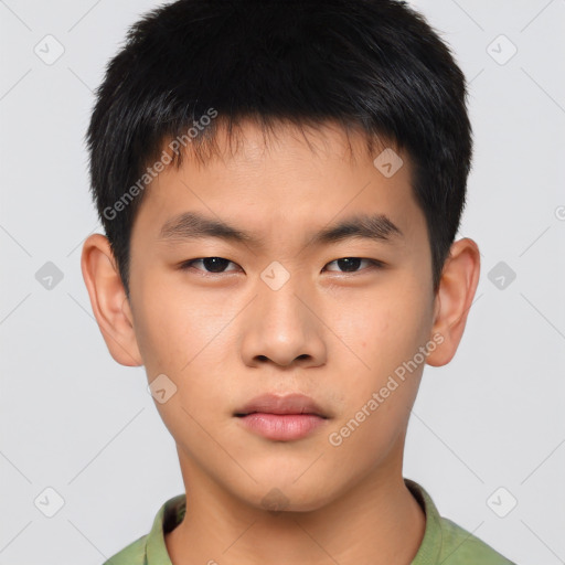 Neutral asian young-adult male with short  brown hair and brown eyes