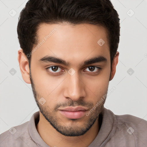 Neutral white young-adult male with short  brown hair and brown eyes