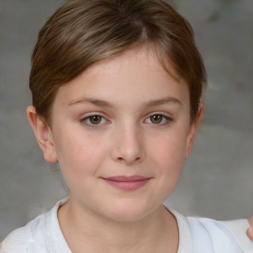 Joyful white child female with short  brown hair and brown eyes