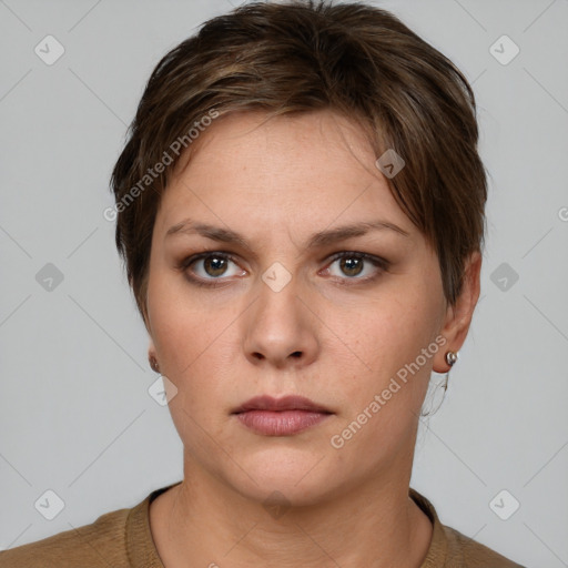 Neutral white young-adult female with short  brown hair and grey eyes