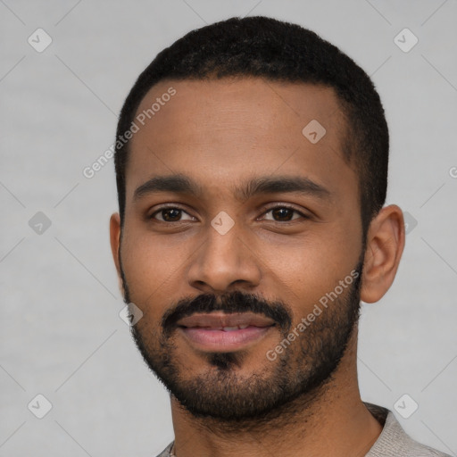 Neutral black young-adult male with short  black hair and brown eyes