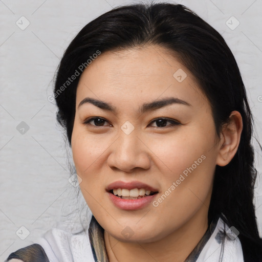 Joyful asian young-adult female with medium  brown hair and brown eyes