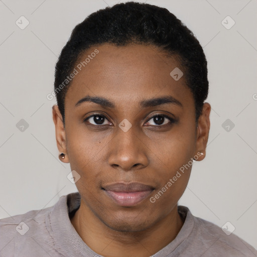 Neutral latino young-adult female with short  black hair and brown eyes