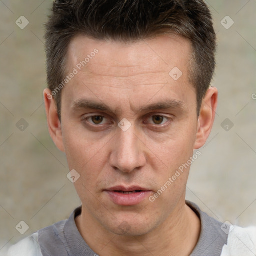 Neutral white adult male with short  brown hair and brown eyes