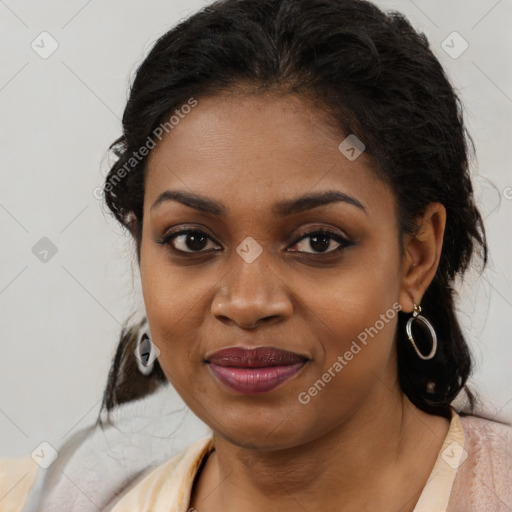 Joyful black young-adult female with medium  brown hair and brown eyes