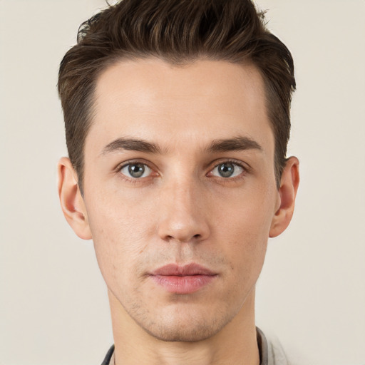 Neutral white young-adult male with short  brown hair and brown eyes