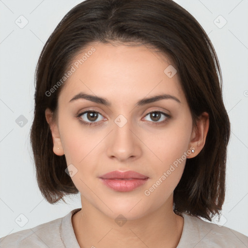 Neutral white young-adult female with medium  brown hair and brown eyes