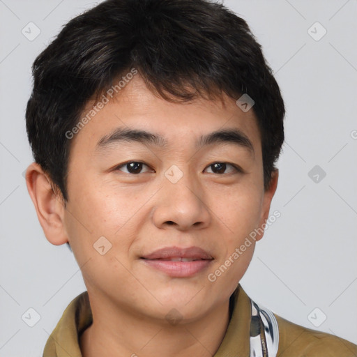 Joyful latino young-adult male with short  brown hair and brown eyes