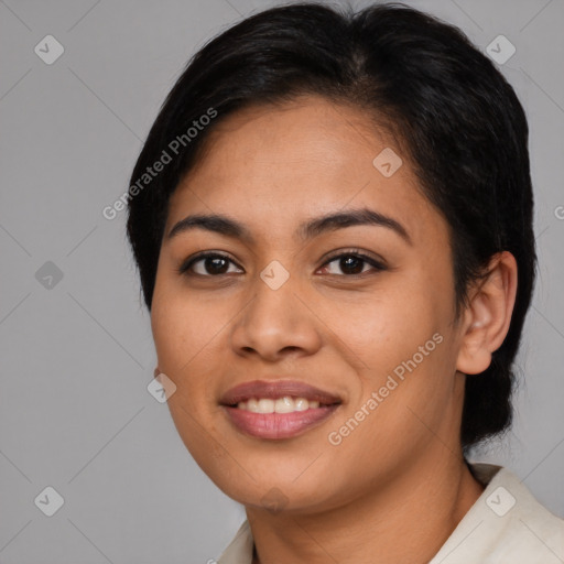 Joyful asian young-adult female with medium  brown hair and brown eyes